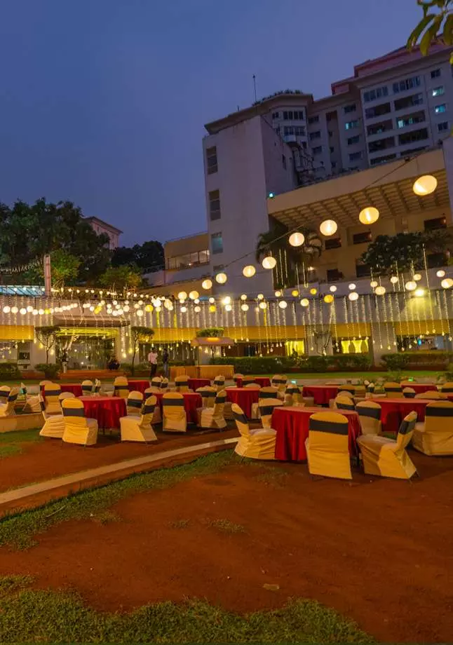 Lawn lit for an evening event at The Woodrose, JP Nagar