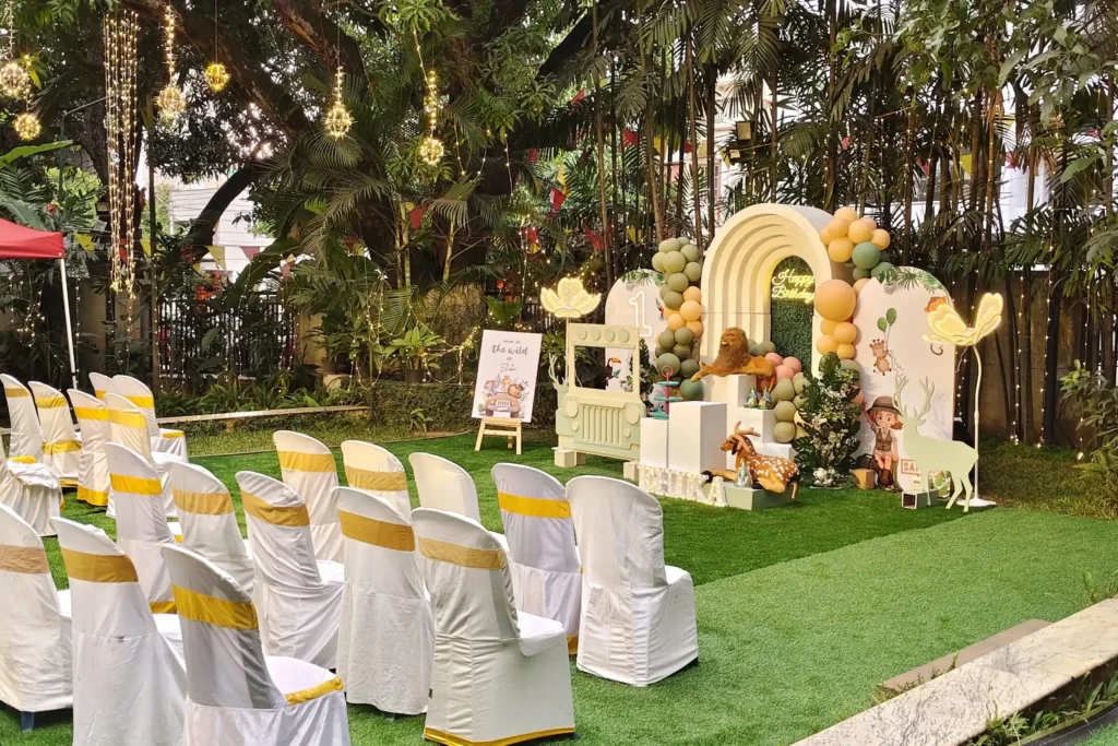Augusta Lawns at Augusta Club, JP Nagar, decorated for a party with a balloon arch