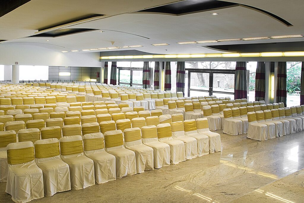 Banquet hall at MLR Convention Centre, JP Nagar, set with rows of chairs