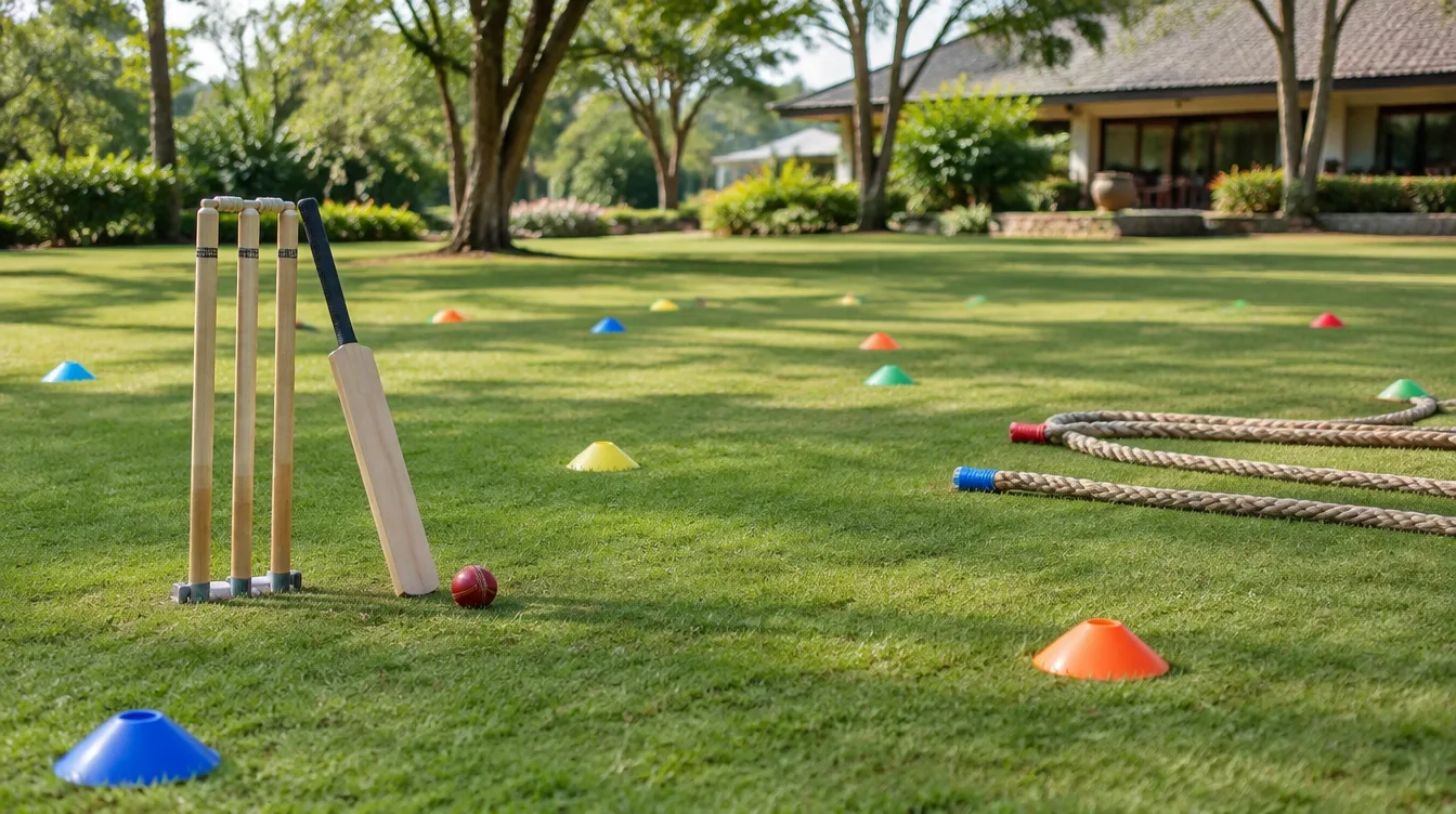 Cricket stumps, a bat, cones and tug-of-war ropes laid out on a resort lawn for a team day Cricket stumps, a bat, cones and tug-of-war ropes laid out on a resort lawn for a team day
