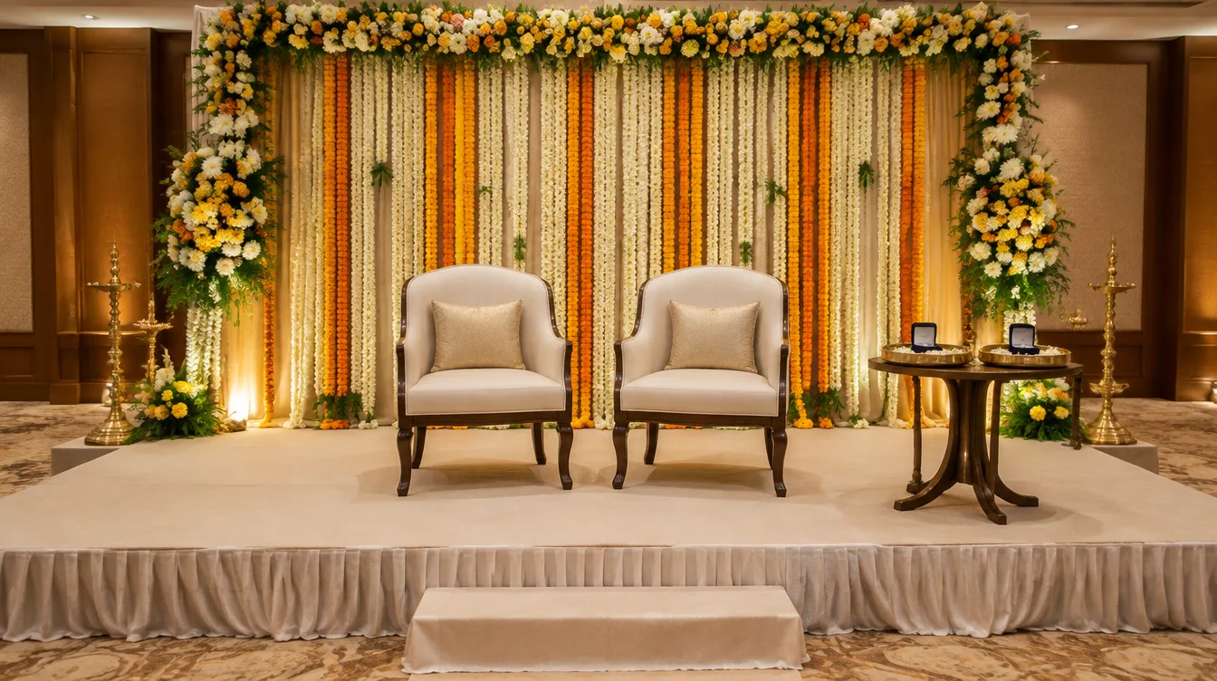 An engagement stage with two chairs, marigold and jasmine garlands and ring trays in a banquet hall