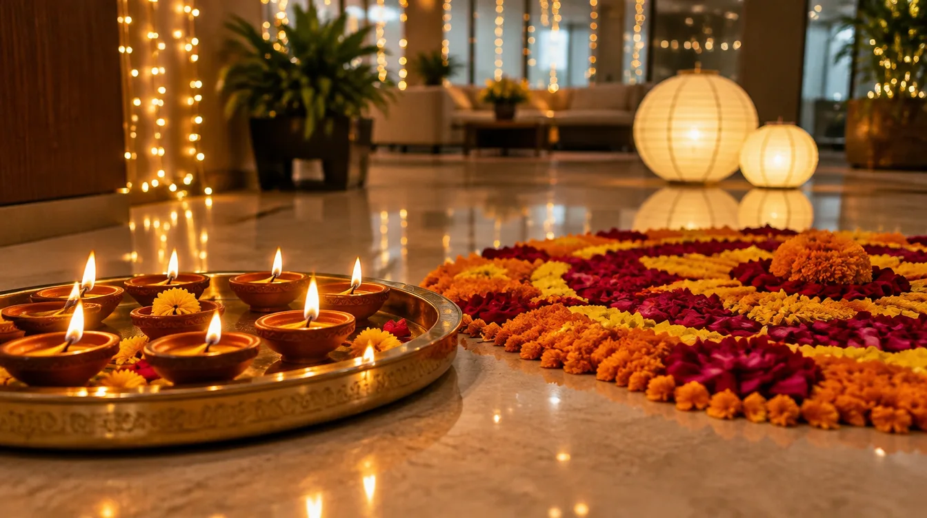 Lit clay diyas on a brass tray beside a marigold and rose petal rangoli in an office lobby for Diwali